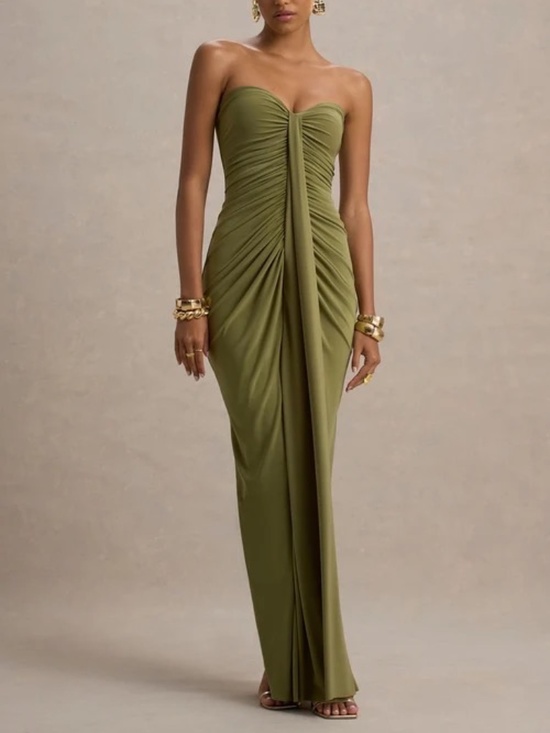 Club L London Dresses & Skirts - CLUB L London - ALI Olive Sweetheart Ruched Wrap Maxi Dress
